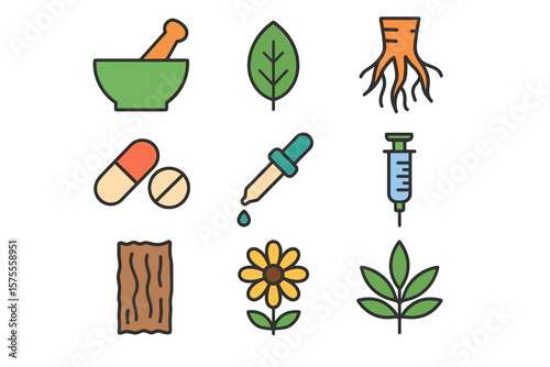 Herbal medicine icons: mortar, leaf, roots, pills, dropper, syringe, bark, flower, plant