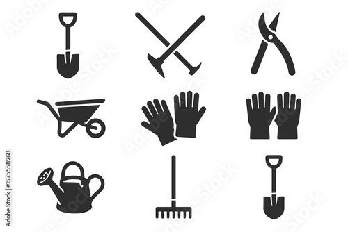 Essential gardening tools: shovel, hoe, pruner, wheelbarrow, gloves, watering can, rake