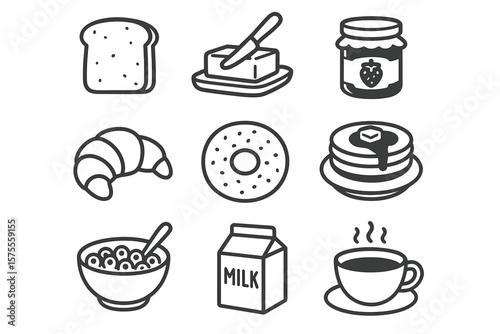 Breakfast food icons: bread, butter, jam, croissant, donut, pancakes, cereal, milk, coffee