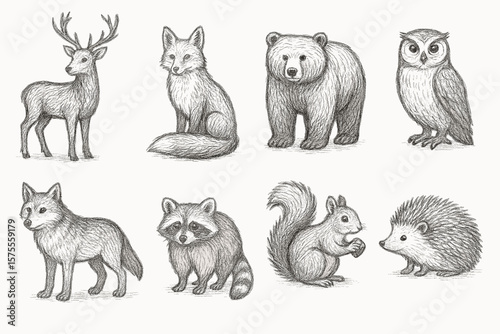 Pencil sketch of forest animals: deer, fox, bear, owl, wolf, raccoon, squirrel, hedgehog