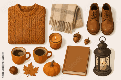 Cozy autumn flat lay with sweater, coffee, candle, and seasonal decorations