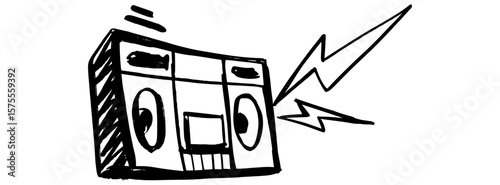 Graffiti-style radio doodle with bold black lines and lightning icon. Hand-drawn urban vector in expressive sketch design.