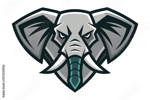 Fierce gray elephant mascot head with green trunk stares intensely forward on white