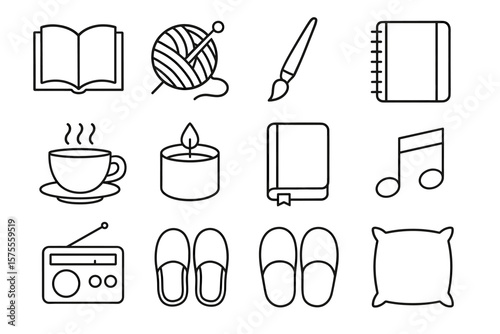 Collection of line art icons featuring cozy home essentials and leisure activities