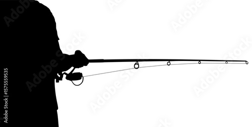 Fisherman with fishing rod in his hand catch the fish vector silhouette illustration isolated. Outdoor leisure fishing sport activity. Hobby by water in nature. Fisher man go to river, lake or sea.