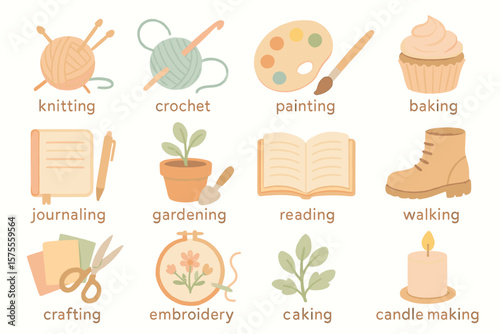 Cozy hobbies collection: knitting, crochet, painting, baking, journaling, gardening, more