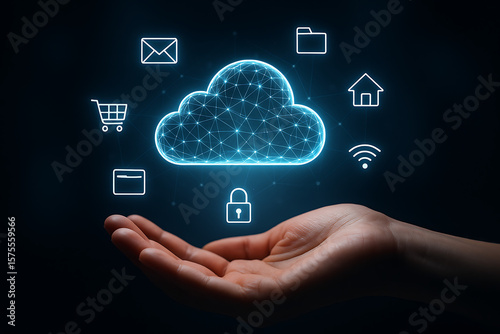 Cloud computing digital network hovering above hand showing storage security system internet data access infrastructure innovation services transformation and connectivity