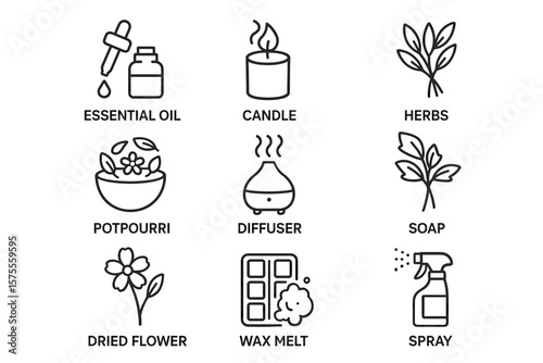 Aromatherapy elements: essential oils, candles, herbs, potpourri, diffusers, soaps, more
