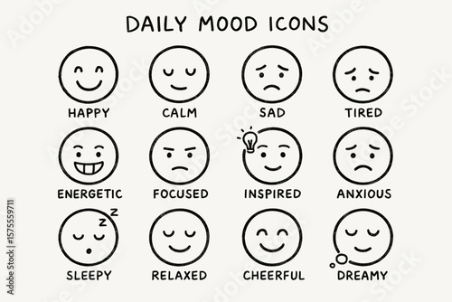 Daily mood icons: happy, sad, energetic, sleepy, inspired, cheerful faces