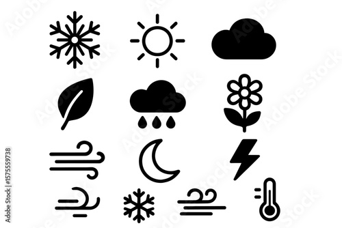 Weather icons set: sun, cloud, snowflake, rain, wind, leaf, lightning, flower, moon, thermometer