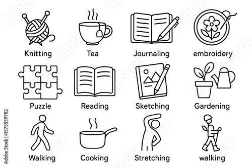 Set of hobby icons: knitting, tea, journaling, embroidery, puzzle, reading, sketching, gardening, walking, cooking, stretching