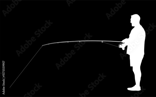 Fisherman with fishing rod in his hand catch the fish vector silhouette illustration isolated. Outdoor leisure fishing sport activity. Hobby by water in nature. Fisher man go to river, lake or sea.