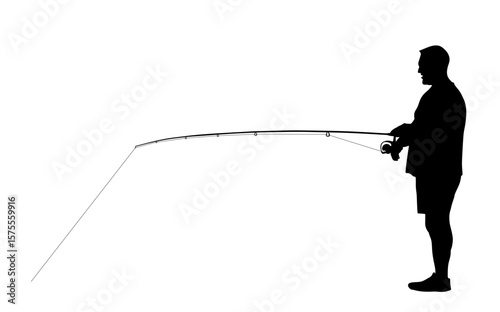 Fisherman with fishing rod in his hand catch the fish vector silhouette illustration isolated. Outdoor leisure fishing sport activity. Hobby by water in nature. Fisher man go to river, lake or sea.