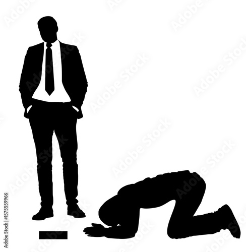 Street beggar begging for money from businessman vector silhouette illustration isolated. Poor hungry person need help for food. Stressful social public scene. Successful man against homeless boy.