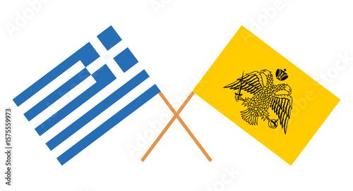 Greek flag  union with Greek orthodox church flag vector illustration isolated on background. Byzantine Eastern Roman Empire heritage emblem banner. National flag of Greece symbol.