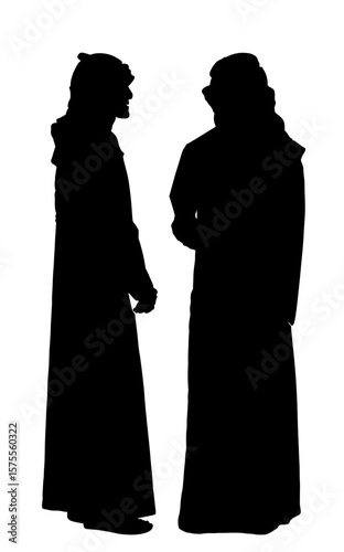 Arabian man and friend sheikh vector silhouette illustration isolated. Arab sheikh in traditional clothes shape shadow. Desert oasis in Africa. Luxury mirage Dubai. Head scarf tobe Arabic folklore.