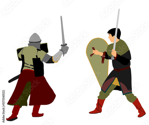 Duel knights with shield and sword fight vector illustration isolated. Medieval fighter battle. Hero protects castle walls. Armed brave man defend family people honor. Protect country against enemy.