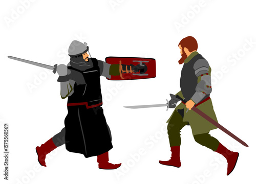 Duel knights with shield and sword fight vector illustration isolated. Medieval fighter battle. Hero protects castle walls. Armed brave man defend family people honor. Protect country against enemy.