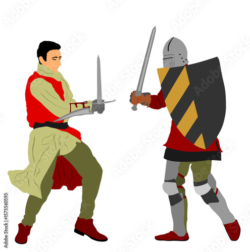 Duel knights with shield and sword fight vector illustration isolated. Medieval fighter battle. Hero protects castle walls. Armed brave man defend family people honor. Protect country against enemy.