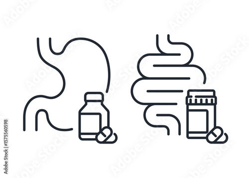 Medicine vial for stomach and intestine icon line stock illustration.