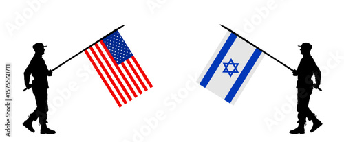 Friendship army coalition partners USA soldier flag and Israel warrior flag vector silhouette illustration isolated. War combat crisis diplomacy deal Middle East. Negotiation agreement peace strategy.
