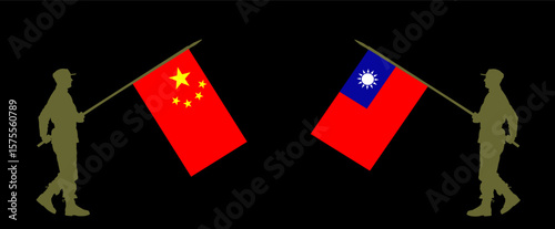 Enemy army conflict China soldier flag against Taiwan warrior flag vector silhouette illustration isolated. War combat crisis diplomacy deal. Negotiation agreement peace strategy. Border battlefield.