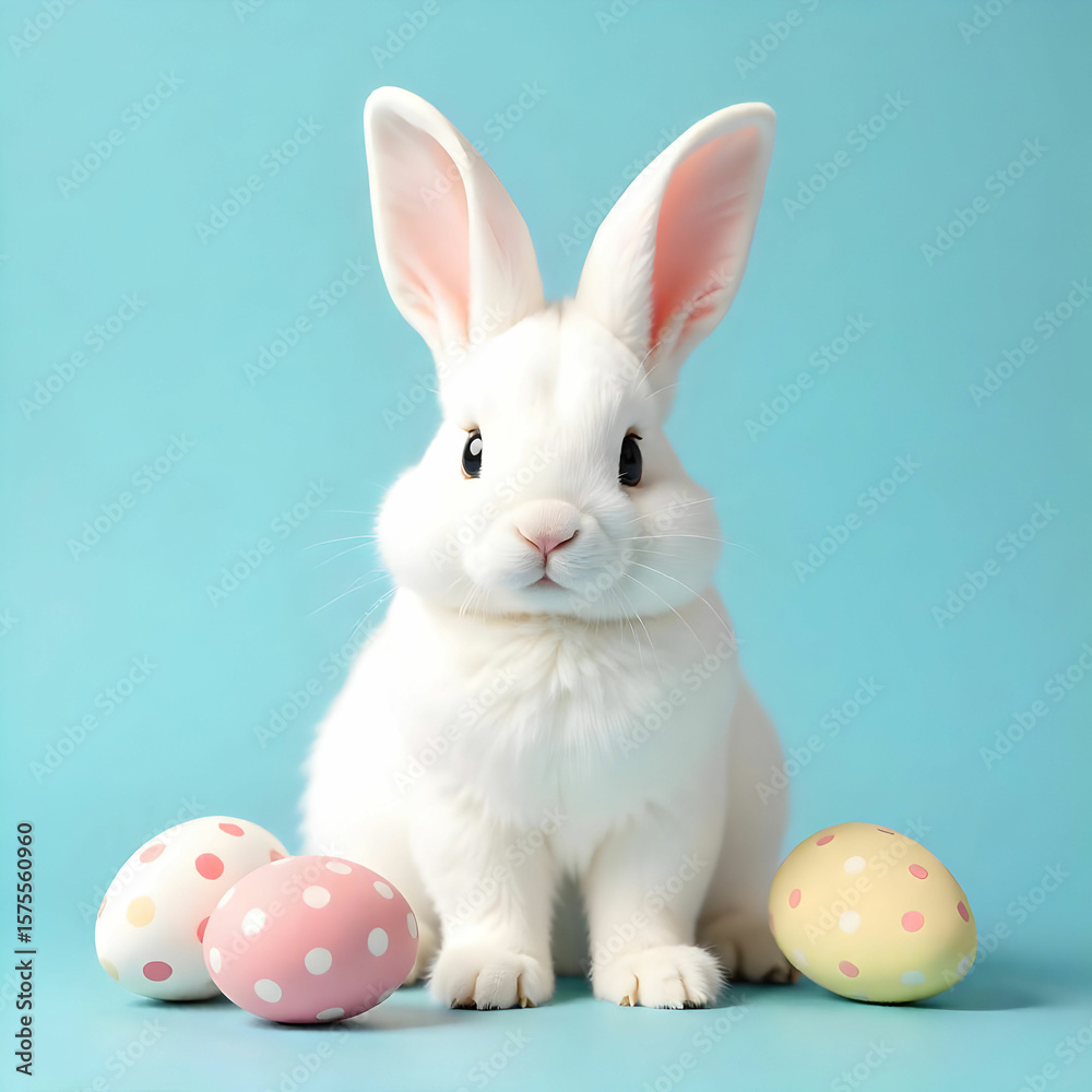 Obraz premium Fluffy white bunny Easter eggs pastel blue background