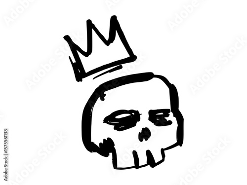 Graffiti skull with crown vector illustration. Bold black urban tag with expressive hand-drawn lines and street art style on transparent background.
