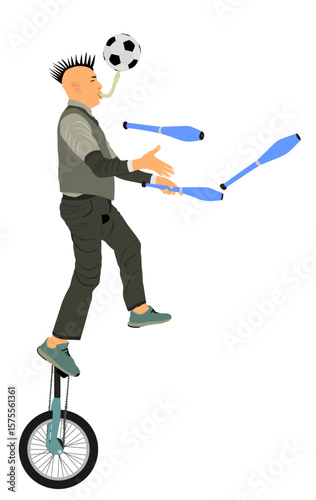 Funny circus Artist performer vector illustration isolated. Clown mono cyclic riding mono cycle and juggling pins and ball. Entertainment kids. Happy birthday Children animator. Acrobat on street.