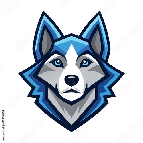 A stylized husky head with varied shades of blue and gray details is featured