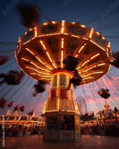 Carousel ride at Oktoberfest lit with string lights at dusk