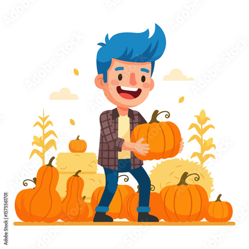 Character picking pumpkins on a farm, harvest season. Vector flat design cartoon. AI generated images. 