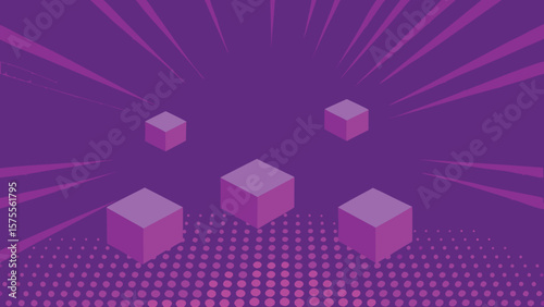 Isometric purple cubes arranged with radial burst on an abstract vibrant background