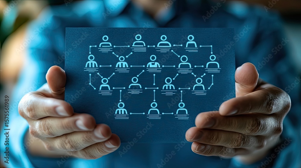 Naklejka premium Person holding blue paper organizational chart representing teamwork, hierarchy, and company structure concept