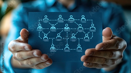 Person holding blue paper organizational chart representing teamwork, hierarchy, and company structure concept