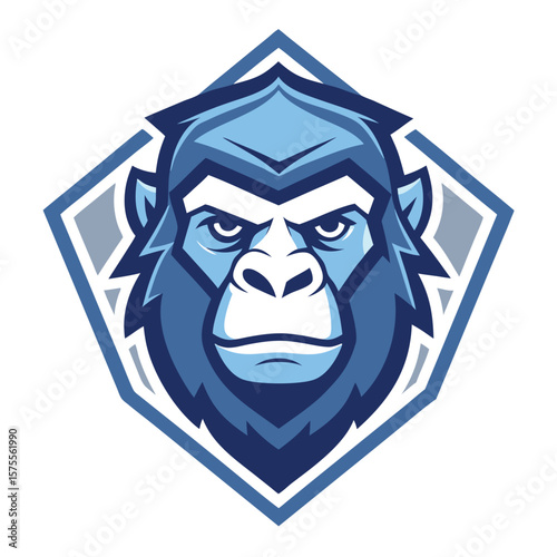 Intense blue gorilla face stares within a geometric rhombus shape, presenting a fierce look