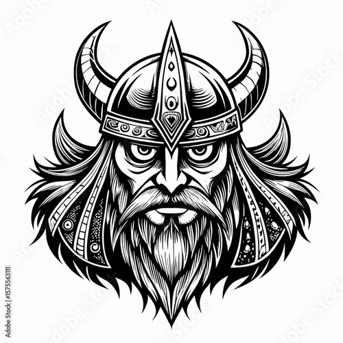 Intricate Viking Warrior Helmet Illustration with Bold Facial Features