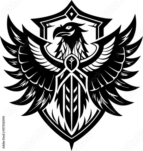 Intricate black and white eagle crest design with sword emblem