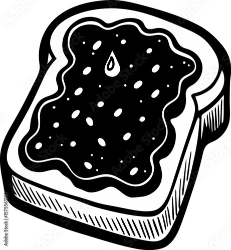 Simple illustration of toast with jam depicting a classic breakfast staple in black and white line art