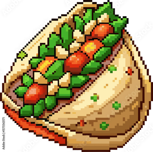 Pixel art taco with vibrant vegetables and toppings in a retro style