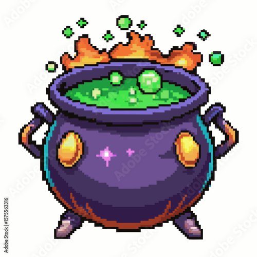 Retro Pixel Art Magic Cauldron with Green Potion and Fire