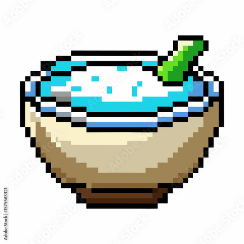 Pixel Art Bowl of Yogurt with Green Spoon   Retro 8 bit Icon Illustration