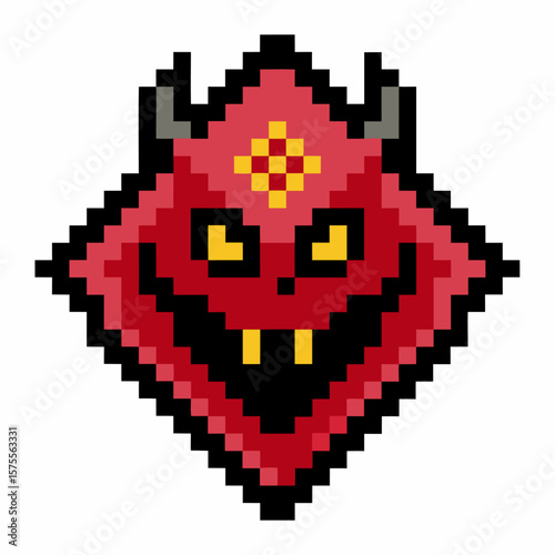 Pixel Art Red Devil Face with Horns and Yellow Eyes in Retro 8 Bit Style