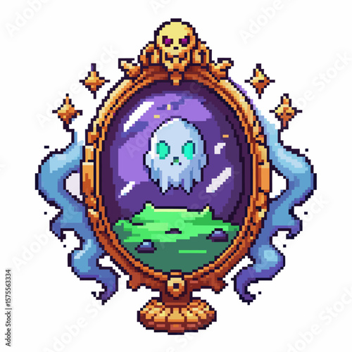Pixel Art Haunted Mirror with Glowing Ghost and Mystical Elements