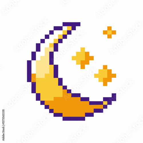 Pixel Art Crescent Moon with Stars   Retro 8 bit Night Sky Graphic