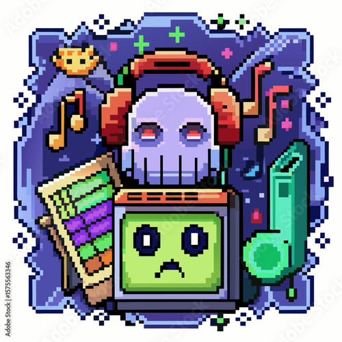 Retro Pixel Art Music Scene with Skull, Headphones, and Music Notes in Vibrant Colors