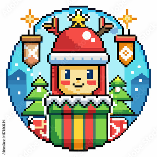 Pixel Art Christmas Elf in Winter Wonderland with Gift Box and Snowflakes
