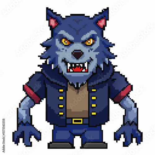 Pixel Art Werewolf Character   Retro Video Game Monster Design with Dark Blue Fur and Fierce Expression