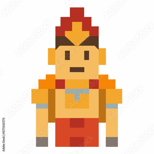 Pixel Art Character with Fire Helmet and Armor Standing in Retro Style Design