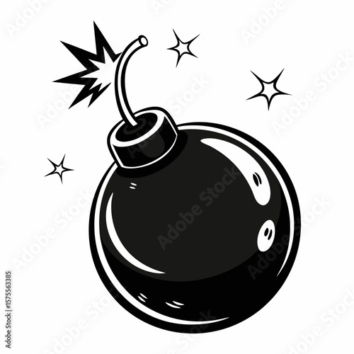 Black  Bomb with Spark Fuse and Stars   Explosive, Fun, and Playful Illustration